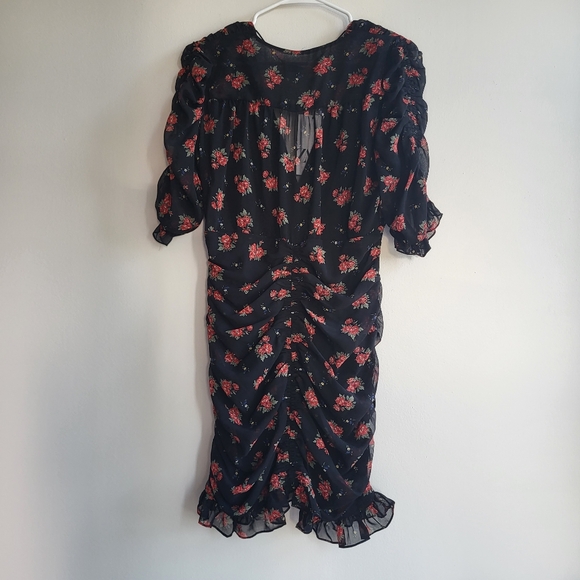 Zara Black Floral Plunge Neck Ruched Dress Size XL NWT - Picture 9 of 14